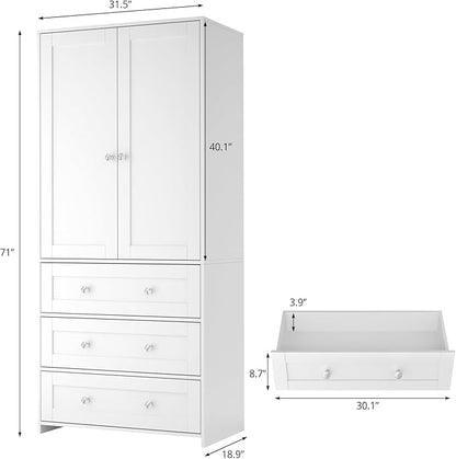 VOWNER Armoire Wardrobe Closet with Drawers and Mirror, 71" Clothing Storage Cabinet with Hanging Rod, 2 Doors Wooden Wardrobe Cabinet for Bedroom, Large Capacity Storage