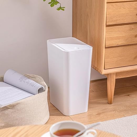 Compact Push-in Trash Can with Lid for Bathrooms, Kitchens, Living Rooms, Offices, Etc., Trash Can with Pop-Up Lid, 10 Liter/2.6 Gallon Slimline (White)