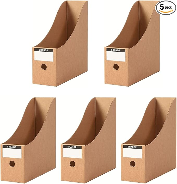 Foldable Desk File Holder Organizer Sturdy Cardboard Magazine Storage Box Document Rack with Blank Label Stickers for Home School Office (5, Brown)