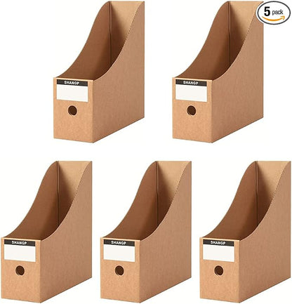 Foldable Desk File Holder Organizer Sturdy Cardboard Magazine Storage Box Document Rack with Blank Label Stickers for Home School Office (5, Brown)
