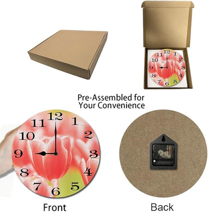 Pink Tulip Wall Clock 10 Inch Wooden Battery Operated Autumn Forest Maple Leaves Wall Clocks Decorative Indoor,Decorative for Kitchen Bathroom Bedroom
