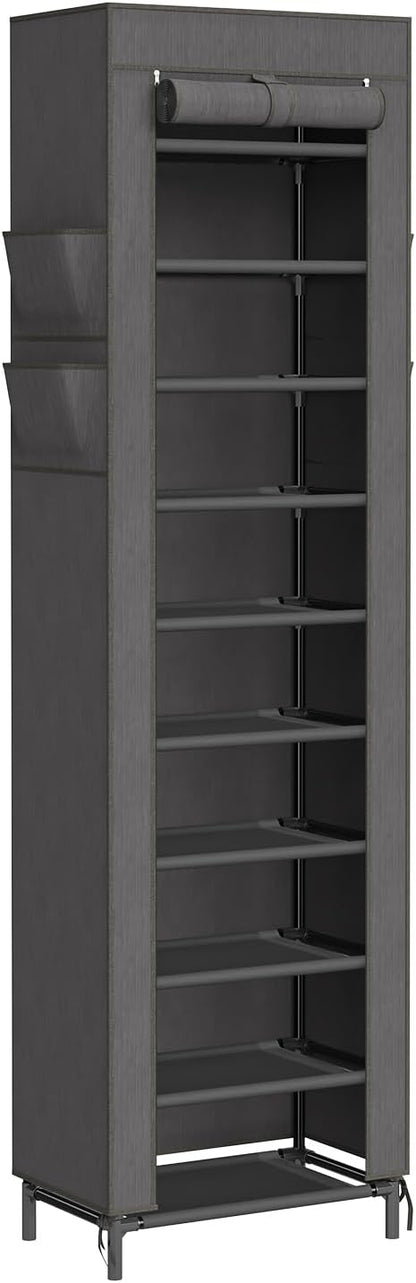Simple Trending Narrow Shoe Rack with Cover, 10 Tier Shoe Organizer Storage, Tall Free Standing Shoe Cabinet Holds 20 Pairs for Closet, Black