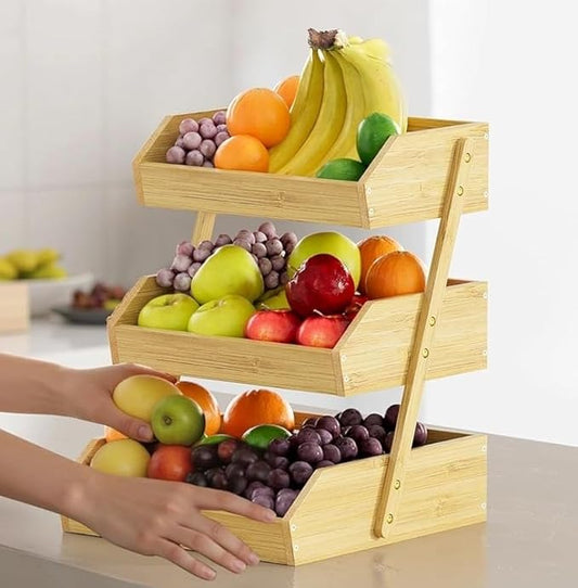 Simple Trending 3-Tier Natural Bamboo Fruit & Vegetable Basket Organizer, Ventilated Countertop Kitchen Storage with 2 Removable Banana Hooks, Sturdy for Fruits, Veggies, Snacks, Bread, Easy Assemble