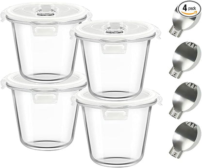 H.JSS WDJS 24oz Round Glass Soup Containers with Lids and Spoons, 3Cup Glass Food Storage Containers Set, BPA-Free Meal Prep Bowls with Lids for Leftover, Microwave, Dishwasher, Fridge Safe (4-Pack)