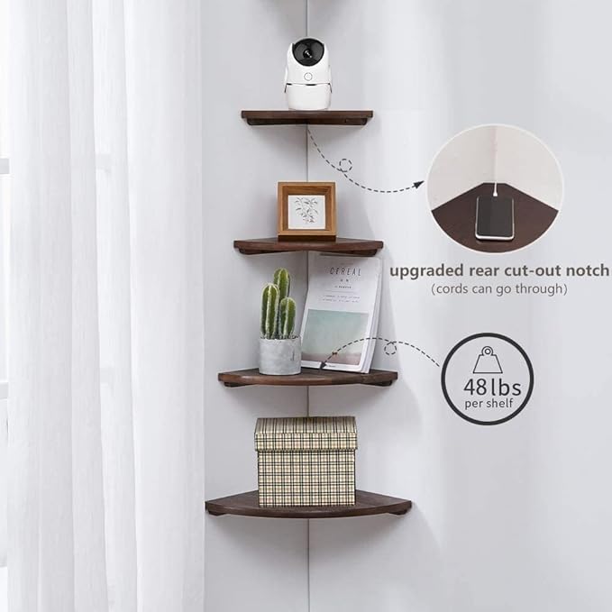 Conamily Corner Shelves, Floating Corner Shelf, Set of 2 10inch Solid Oak Wood Corner Wall Shelves, Round End with Wire Hole for Small Plant for Bedroom Kitchen, Living Room