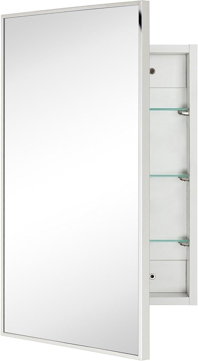TEHOME 17.5'' x 29'' Polished Nickel Recessed and Surface Mount Bathroom Medicine Cabinet with Mirror Square Cornered Metal Framed Rounded Rectangle Medicine Cabinet Mirror
