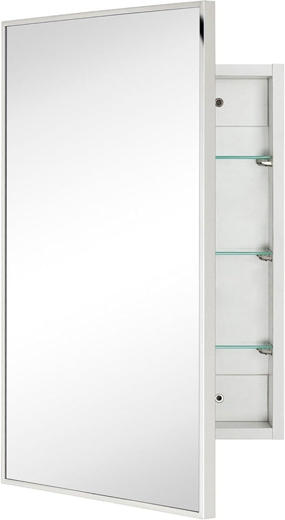 TEHOME 17.5'' x 29'' Polished Nickel Recessed and Surface Mount Bathroom Medicine Cabinet with Mirror Square Cornered Metal Framed Rounded Rectangle Medicine Cabinet Mirror