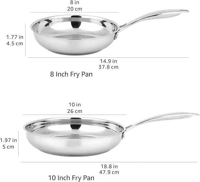 Amazon Basics 2-Piece Stainless Steel Induction Frying Pan Set, Oven Safe, Riveted Handle, Heat Distributes Evenly, 8-inch & 10-inch, Silver