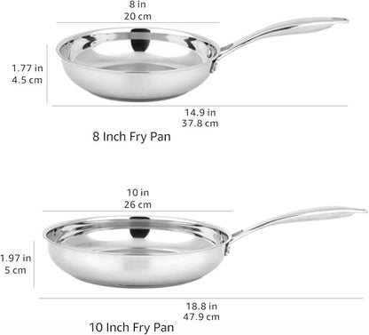 Amazon Basics 2-Piece Stainless Steel Induction Frying Pan Set, Oven Safe, Riveted Handle, Heat Distributes Evenly, 8-inch & 10-inch, Silver