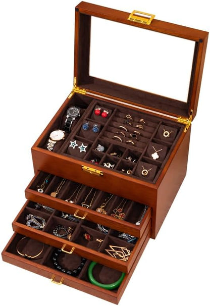 4-Layer Black Walnut Wooden Jewelry Box with Glass Lid, Soild Wood,Jewelry Organizer for Versatile Necklace, Watch, Ring Earring Storage for Women Christmas Gift