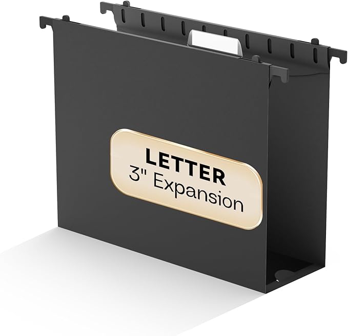 NORDUN Plastic Extra Capacity Hanging File Folder Letter Size,Heavy Duty 3 inch Expansion,Reinforced Black Large Hanging Folders,Adjustable Tabs,Filing Cabinet Folders for Bulky Files Office,12 Pack