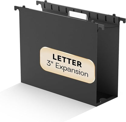 NORDUN Plastic Extra Capacity Hanging File Folder Letter Size,Heavy Duty 3 inch Expansion,Reinforced Black Large Hanging Folders,Adjustable Tabs,Filing Cabinet Folders for Bulky Files Office,12 Pack