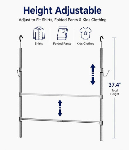 Adjustable Closet Rod Extender with Hooks, Expandable Double Hanging Organizer for Closets, Kids' Wardrobe & Laundry Room, No Tool Assembly, Metal Tension Pole, Chrome Finish