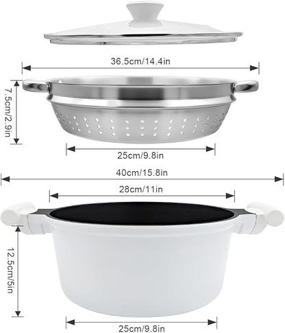 7 QT Steamer Pot for Cooking, Large Steaming Pot with Lid, Nonstick Cooking Pot with Vegetable & Dumpling Steamer Basket, Big Food Steamer Cookware, Induction Compatible, PFOA Free, White