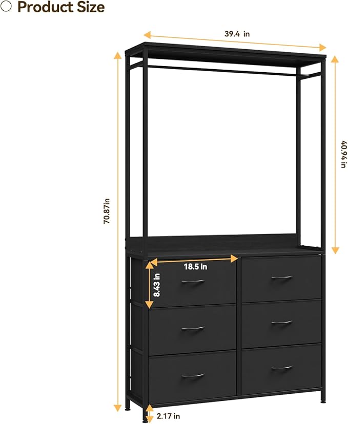 6 Dresser Drawer with Hanging Rack, 2-in-1Tall Dresser for Bedroom/Closet, Fabric Dressers & Chests of Drawers, Sturdy Alloy Steel Frame, Space Saving Closet Organizer