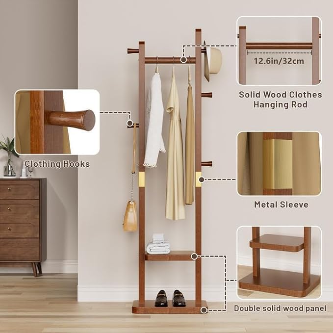 Taitiy Solid Wood Coat Rack, Freestanding Clothing Rack with 2 Shelves Storage & 5 Hooks, Heavy Duty Clothes Rack Stand for Hall, Bedroom, Living Room