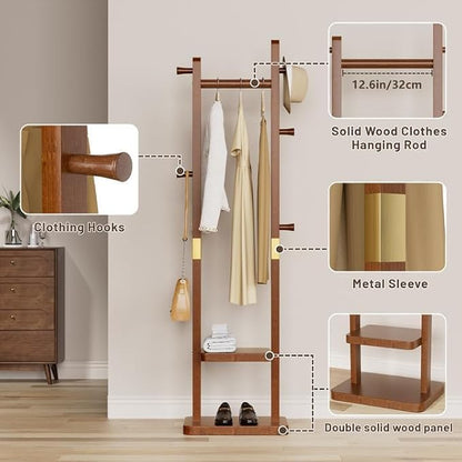 Taitiy Solid Wood Coat Rack, Freestanding Clothing Rack with 2 Shelves Storage & 5 Hooks, Heavy Duty Clothes Rack Stand for Hall, Bedroom, Living Room