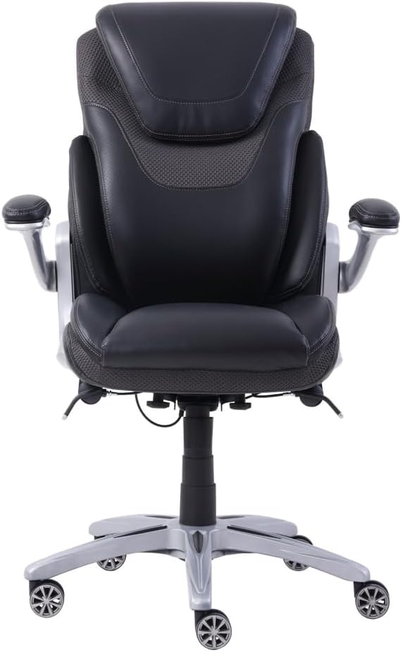 NBF Ergonomic Executive Office Chair with Flip up Arms and Lumbar Support - Ideal for Home, Study - Modern Chairs with Iridescent Silver Finish, 30.5" D x 26.5" W, Black, Gray