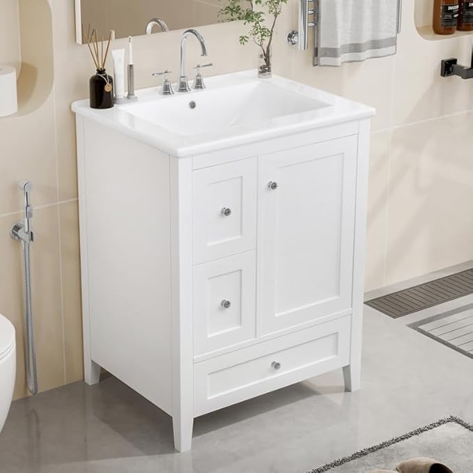 Merax 24 inch Bathroom Vanity with Drawers, Modern White Vanity for Small Bathroom with Adjustable Shelf & Removable Dividers, Easy to Clean Glossy Finish, White