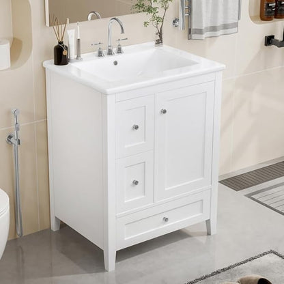 Merax 24 inch Bathroom Vanity with Drawers, Modern White Vanity for Small Bathroom with Adjustable Shelf & Removable Dividers, Easy to Clean Glossy Finish, White