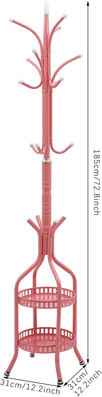 72.8in Coat Rack Freestanding 12 Hooks Coat Tree with Umbrella Holder Metal Modern Coat Hanger Stand for Entryway, Purse Rack Hat Rack Stand for Living Room Bedroom Office (Pink)
