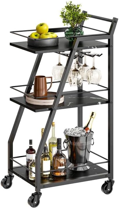 Bar Cart, Bar Cart for The Home, Small Bar Cart on Wheels, Beverage Cart, Home Bar Serving Cart with Glass Holder, Drink Cart for Bar, Kitchen, Marble Black and Black BC03BM