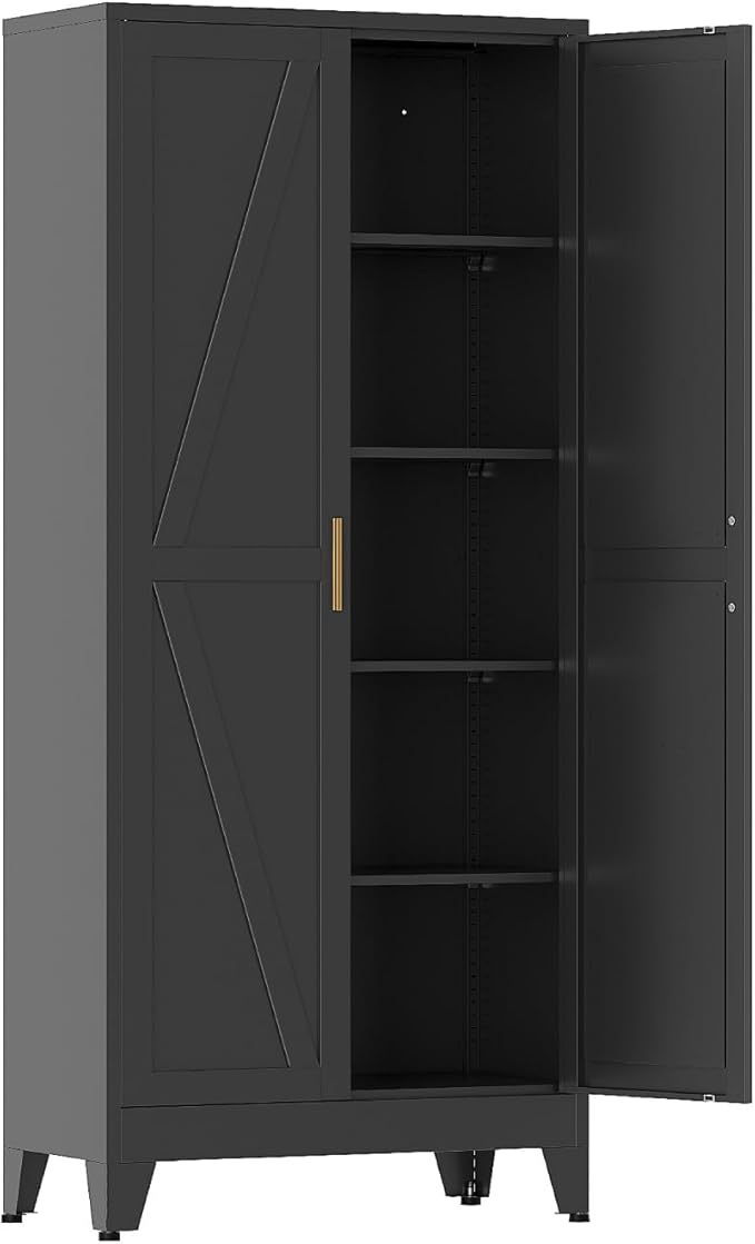 COFaR 71 in Tall Kitchen Pantry Cabinet, Metal Pantry Storage Cabinet with 4 Adjustable Shelves and 2 Barn Doors, Freestanding Farmhouse Food Cupboard for Dining Room Garage, Black 5-Tier