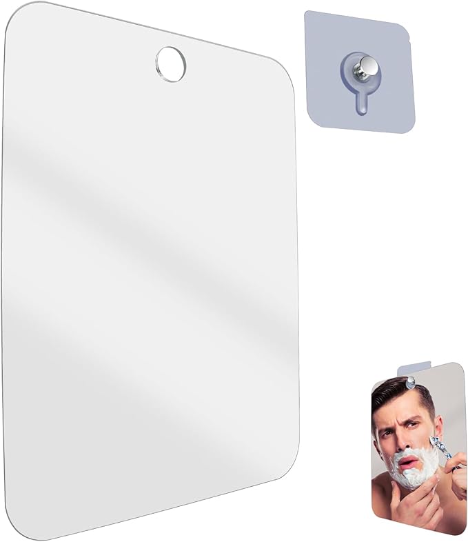 Fogless Shower Mirror for Shaving - Anti-Fog Acrylic Mirror with Adhesive Hook, No Drill Shatterproof Bathroom and Travel Mirror, 8x6 Inch Rectangle