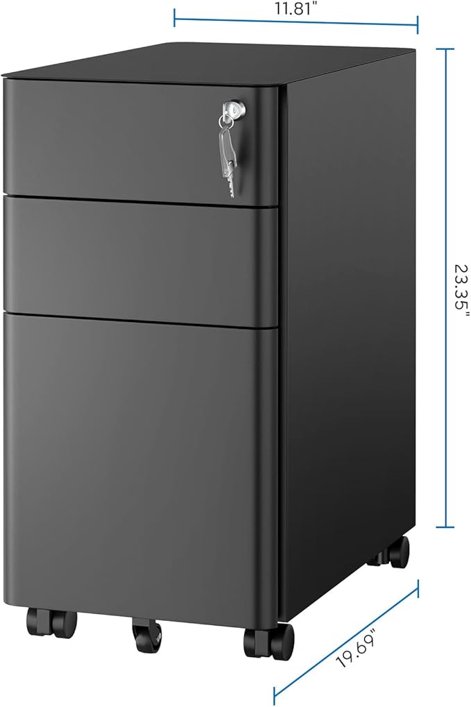 Mount-It! Slim Rolling Under Desk Cabinet, Mobile Filing Cabinet with 3 Drawers and Lock for Home & Office Storage, Black