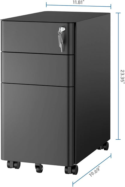 Mount-It! Slim Rolling Under Desk Cabinet, Mobile Filing Cabinet with 3 Drawers and Lock for Home & Office Storage, Black