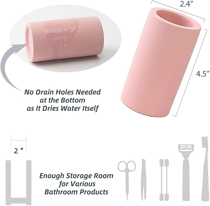 Fast-Drying Diatomite Toothbrush Holder - Bathroom Countertop Organizer Stand for Toothpaste, Makeup Brushes, Razors & Accessories (Pink)