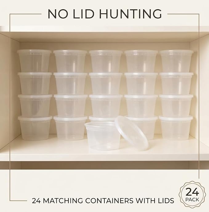 Mr Miracle 8OZ Deli Containers with Lids - 24 Pack of 8 oz Clear Airtight Reusable Plastic Food and Multi-Purpose Deli Containers - Microwave, Freezer, and Dishwasher Safe