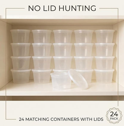 Mr Miracle 8OZ Deli Containers with Lids - 24 Pack of 8 oz Clear Airtight Reusable Plastic Food and Multi-Purpose Deli Containers - Microwave, Freezer, and Dishwasher Safe