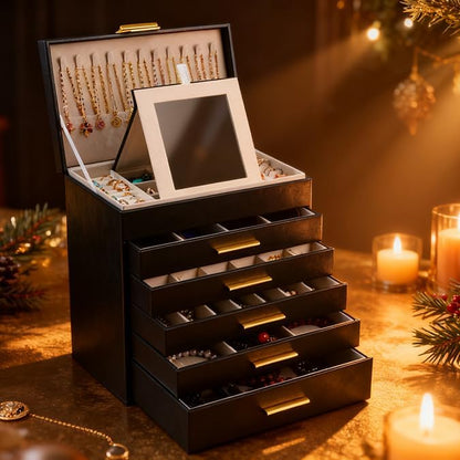 BOOVO Jewelry Boxes for Women, White and Black 6 Layer Large Jewelry Box for Necklace, Bracelet, Earrings, Rings Storage, Jewelry holder Organizer for Girls Gift (Black and Gold, 6 layer)