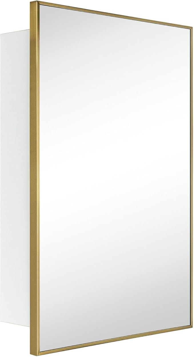 TEHOME 24'' x 30'' Brushed Gold Recessed and Surface Mount Bathroom Medicine Cabinet with Mirror Brushed Gold Square Cornered Metal Framed Rounded Rectangle Medicine Cabinet Mirror