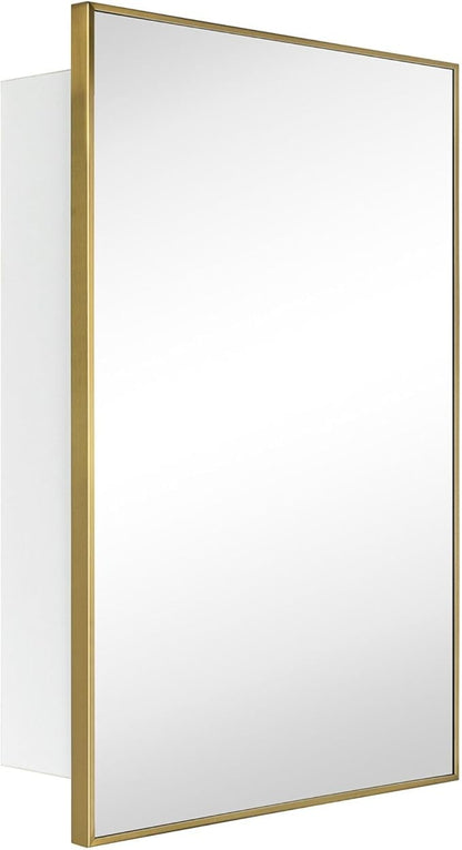 TEHOME 24'' x 30'' Brushed Gold Recessed and Surface Mount Bathroom Medicine Cabinet with Mirror Brushed Gold Square Cornered Metal Framed Rounded Rectangle Medicine Cabinet Mirror