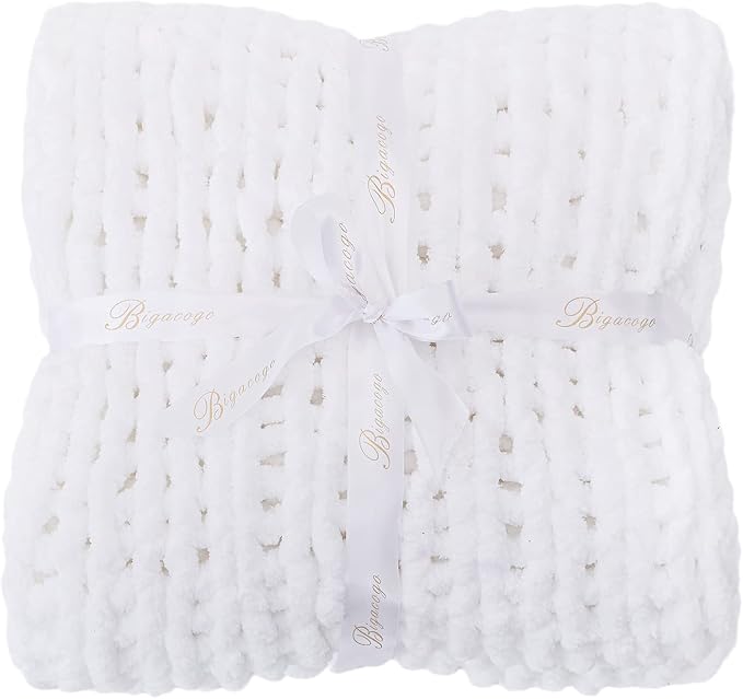Bigacogo Chunky Knit Throw Blanket for Couch, 40x60 inches, 100% Hand Knitted with Thick Jumbo Chenille Yarn, Cozy Soft Large Rope Knot Cable Crochet Blankets for Sofa Bed Living Room, White