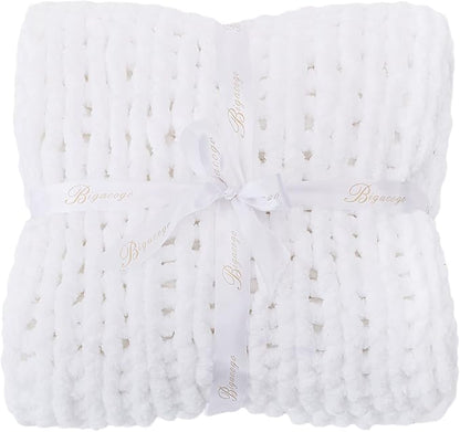 Bigacogo Chunky Knit Throw Blanket for Couch, 60x80 inches, 100% Hand Knitted with Thick Jumbo Chenille Yarn, Cozy Soft Large Rope Knot Cable Crochet Blankets for Sofa Bed Living Room, White