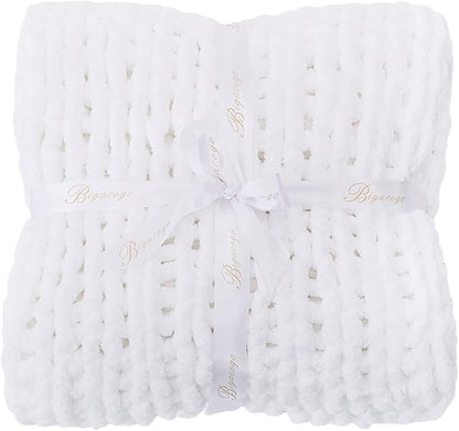 Bigacogo Chunky Knit Throw Blanket for Couch, 40x40 inches, 100% Hand Knitted with Thick Jumbo Chenille Yarn, Cozy Soft Large Rope Knot Cable Crochet Blankets for Sofa Bed Living Room, White