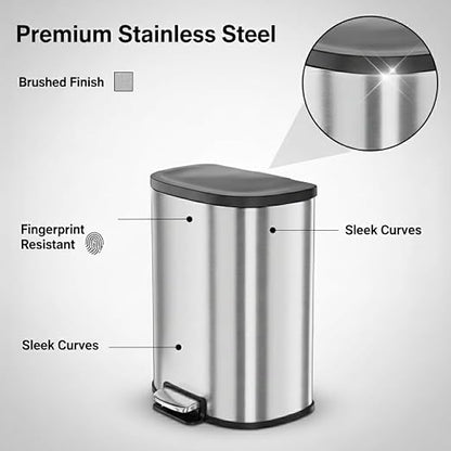 Garvee Stainless Steel Trash Can, 50 L/13 gal Hands Free Garbage Can with Soft Close Lid and Foot Pedal, Metal Kitchen Waste Bin with Inner Bucket for Living Room, Office, D Shape, Silver