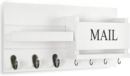 Mail Organizer for Wall Mount – Key Holder with Shelf Includes Letter Holder and Hooks for Hallway Farmhouse Decor – Rustic Wood with Flush Mounting Hardware (16.5” x 9.1” x 3.4”) (White)