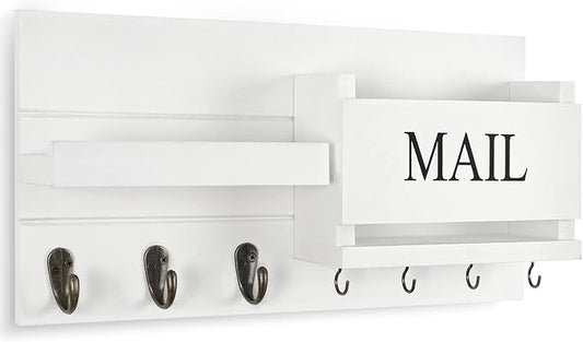 Lwenki Mail Organizer for Wall Mount – Key Holder with Shelf Includes Letter Holder and Hooks for Hallway Farmhouse Decor – Rustic Wood with Flush Mounting Hardware (16.5” x 9.1” x 3.4”) (White)