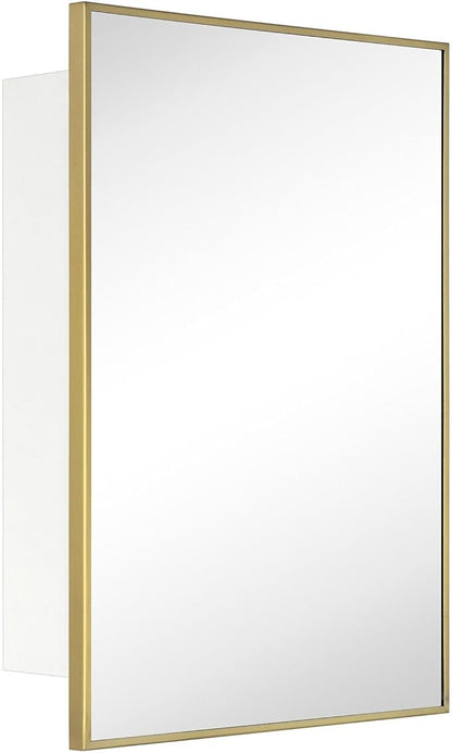 TEHOME 16.5'' x 24'' Brushed Gold Recessed and Surface Mount Bathroom Medicine Cabinet with Mirror Brushed Gold Square Cornered Metal Framed Rounded Rectangle Medicine Cabinet Mirror