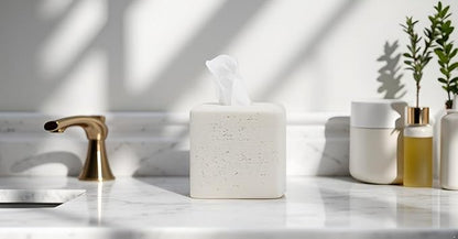 Travertine Tissue Box Cover Square Decorative Stone Klenex Box Holder for Bathroom & Living Room with Handcrafted Texture (Light White)