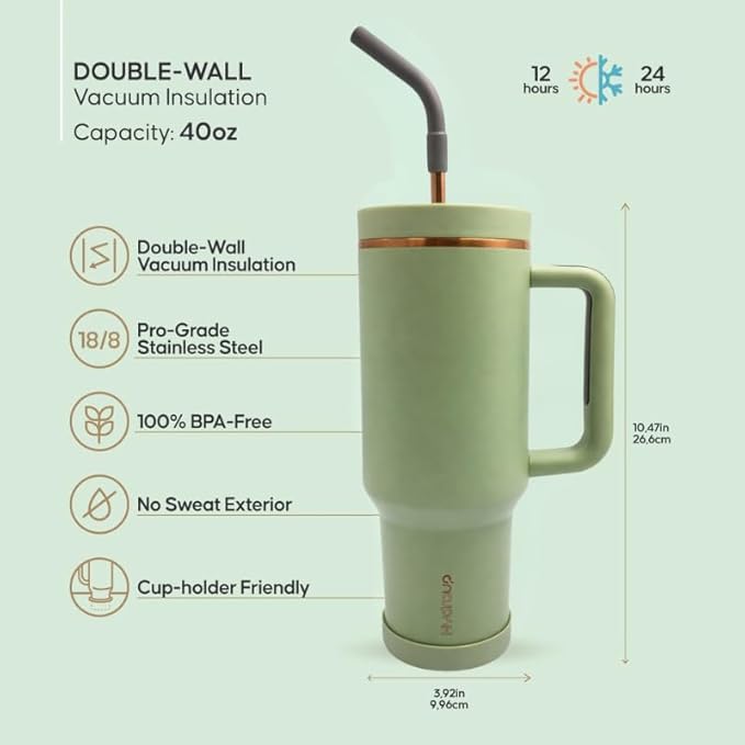 40oz Travel Tumbler Cup with Handle, Two-Way Slider Lid, Stainless Steel Straw with Silicone Tip, Vacuum Insulated Water Bottle for Hot & Cold Drinks, Great Gifts for Mom (Green Gold)