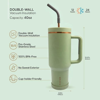 40oz Travel Tumbler Cup with Handle, Two-Way Slider Lid, Stainless Steel Straw with Silicone Tip, Vacuum Insulated Water Bottle for Hot & Cold Drinks, Great Gifts for Mom (Green Gold)