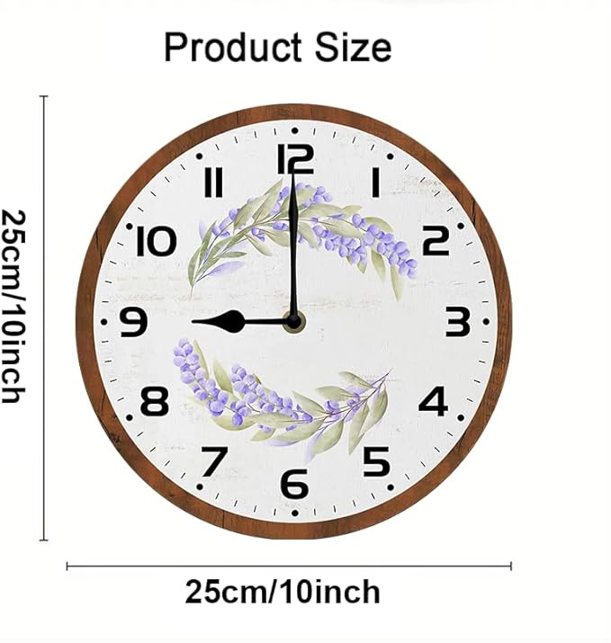 Purple Flowers Wall Clock 10 Inch Silent Non Ticking Battery Operated Wooden Modern Office Simple Minimalist Clock Decorative for Kitchen Home Bathroom Living Room