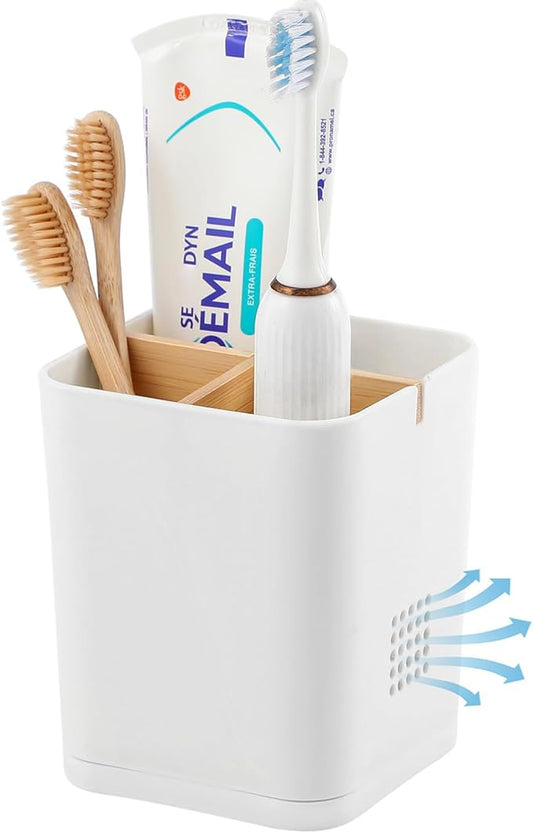Electric Toothbrush Holder 3 Slots Tooth Brushing Holder with Bamboo Dividers for Bathrooms, Plastic Toothbrush and Toothpaste Organizer for Shower, Countertop, Vanity, White