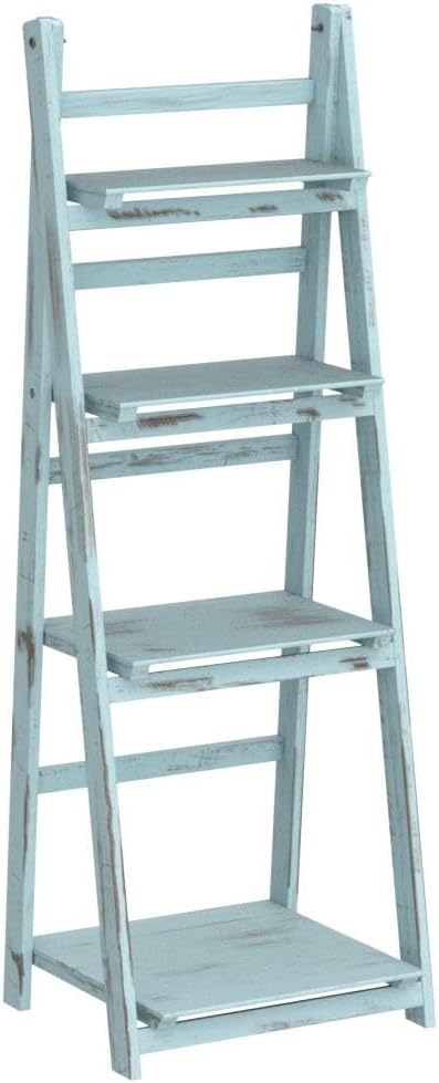 Ladder Shelf - Distressed Leaning Bookshelf (Turquoise)