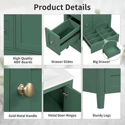 Merax 24 inch Bathroom Vanity with Drawers, Modern White Vanity for Small Bathroom with Adjustable Shelf & Removable Dividers, Easy to Clean Glossy Finish, Dark Green